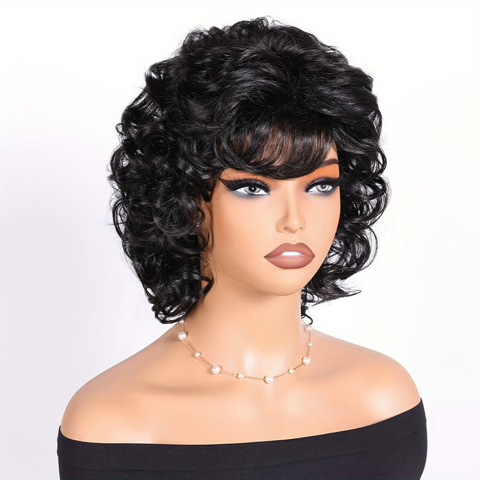 Peluca rizada corta de 8 pulgadas con flequillo lateral y cabello ondulado