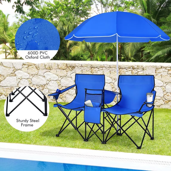 Silla doble de camping con sombrilla, plegables de dos plazas con toldo