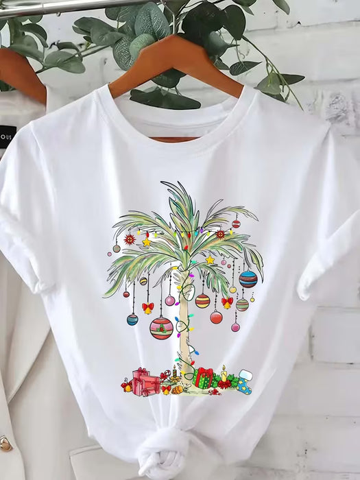 Camiseta regular de manga corta estilo navideño, estampado con palmeras navideñas