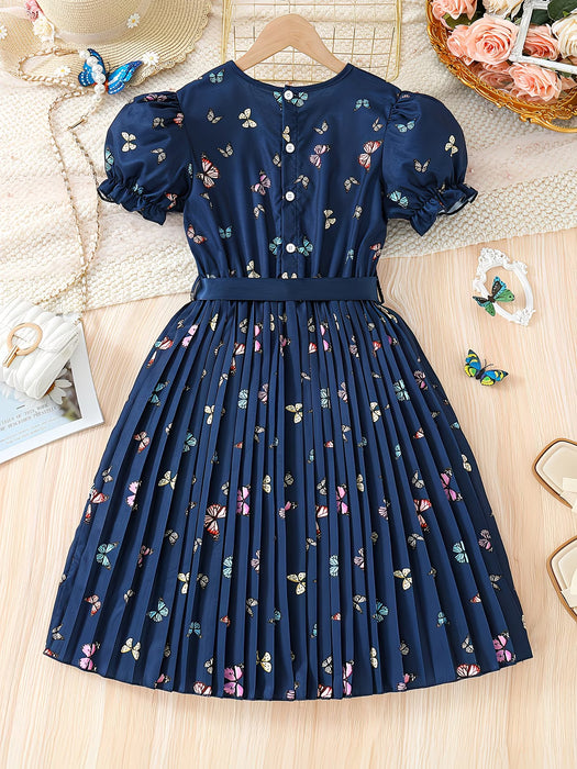 Vestido de Verano para Niñas con Mangas Bufantes, Estampado de Mariposas y Cinturón Plisado