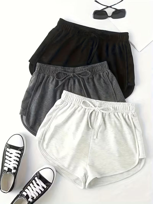 Juego de 3 piezas de shorts de correr lisos con cordón, shorts casuales de delfín con cintura elástica