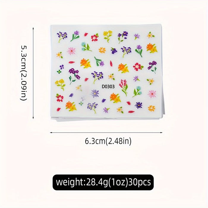 Set de 30 hojas de calcomanías 3D florales para uñas con diseños modernos