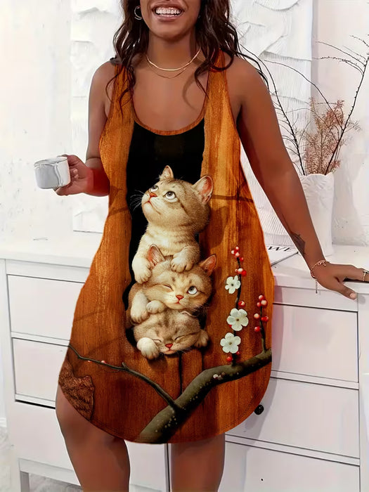 Pijama casual para niña, camisón sin mangas con estampado de gato bonito y divertido
