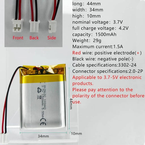 Batería recargable de polímero de litio DC 3.7V 1500mAh 103443 - Quierox - Tienda Online