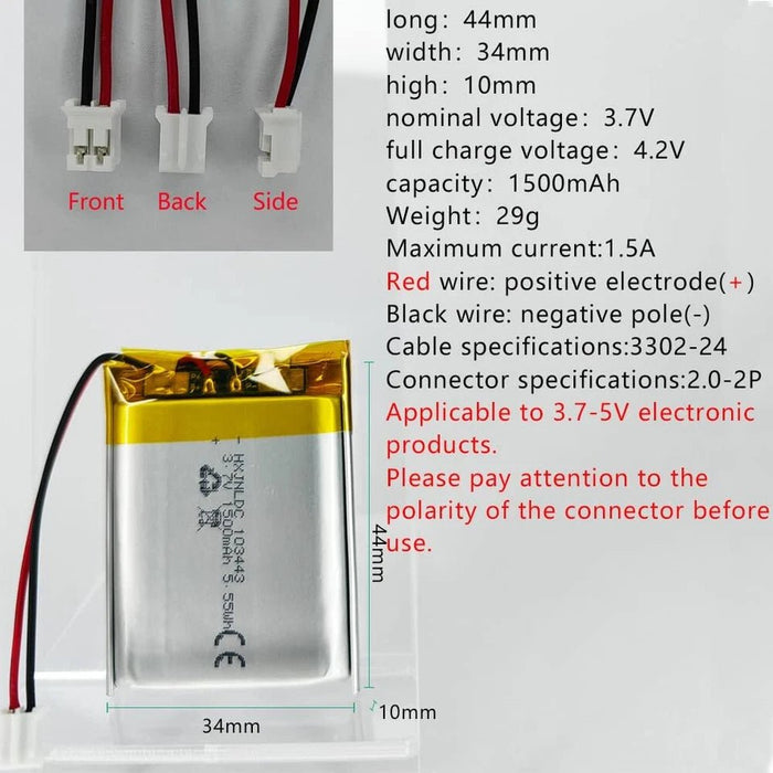 Batería recargable de polímero de litio DC 3.7V 1500mAh 103443 - Quierox - Tienda Online