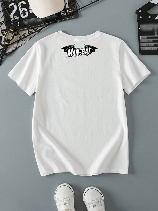 BATMAN X SHEIN Camiseta blanca cómoda e informal de manga corta con cuello redondo y estampado - Quierox - Tienda Online