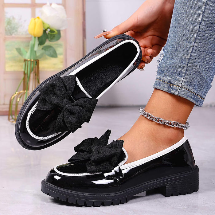 Mocasines de charol para mujer, sin cordones, con plataforma, tacón grueso y lazo