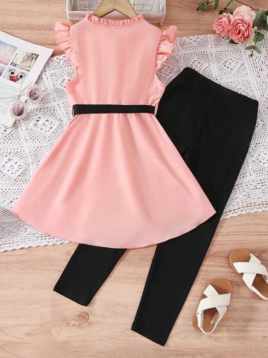 Conjunto de pantalones largos para niña dulce, transpirables, con detalle de lazo negro