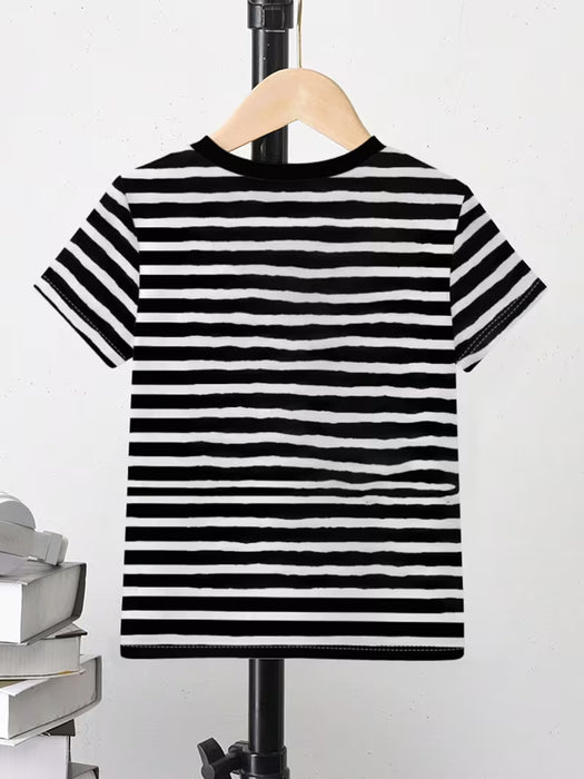 Camiseta para niñas con estampado de patrón de niña linda a rayas blancas y negras