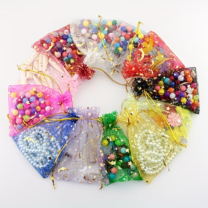 10pcs Bolsas de Organza Transparente con Cordón Estampado Luna y Estrellas