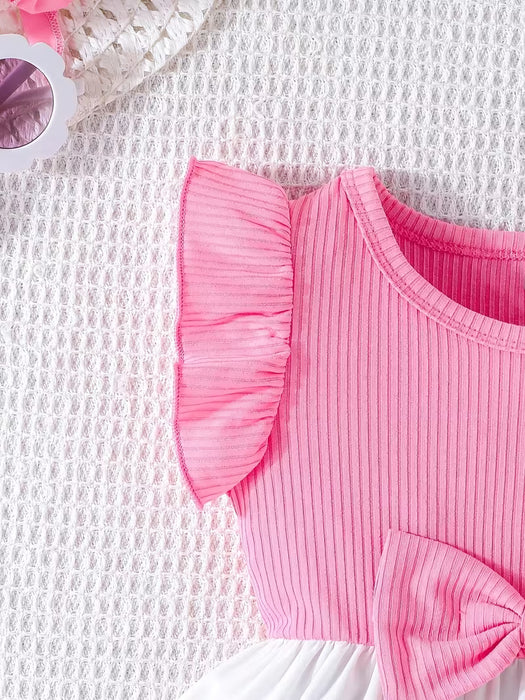 Vestido de verano para niña, mangas con volantes y adorno de lazo en la cintura
