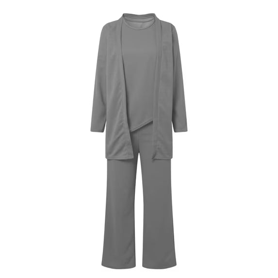 Conjunto de cárdigan de manga larga con frente abierto, pantalón y camiseta para mujer