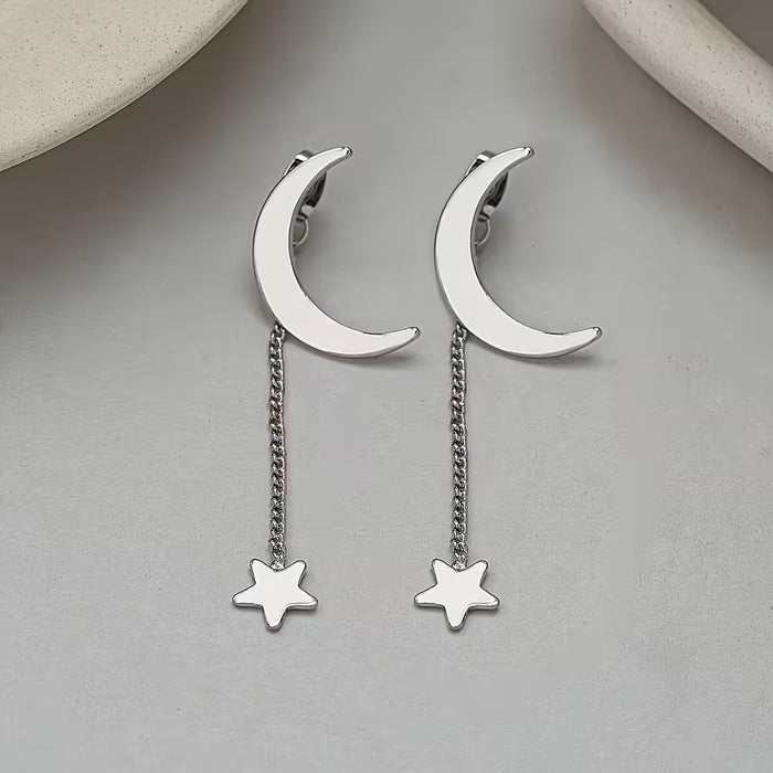 1 Par de Pendientes Exquisitos y Elegantes con Borlas de Estrella y Luna, Desmontables