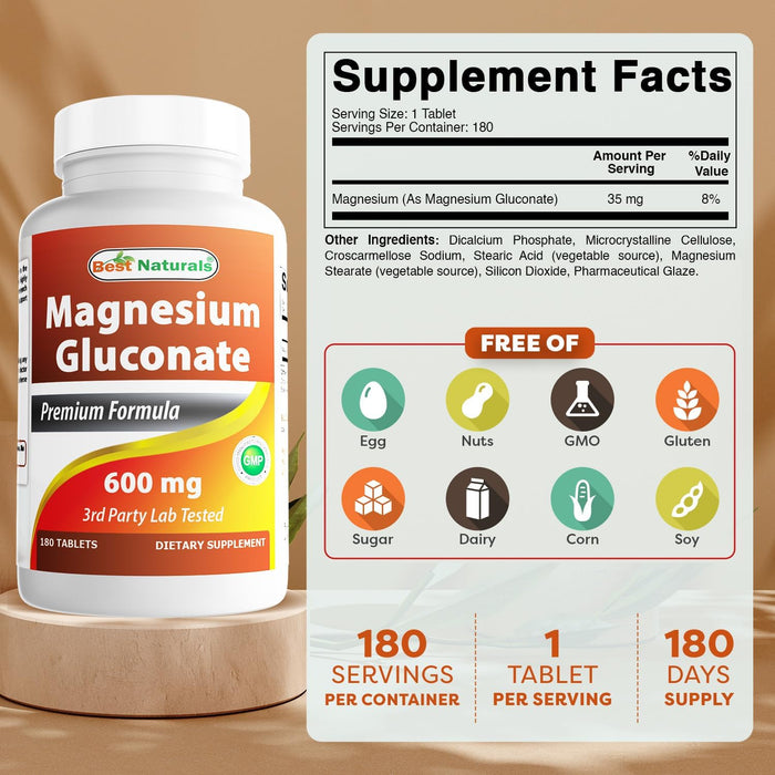 Best Naturals Gluconato de magnesio (35 mg de magnesio elemental de 600 mg de gluconato de magnesio) 180 comprimidos - Quierox - Tienda Online