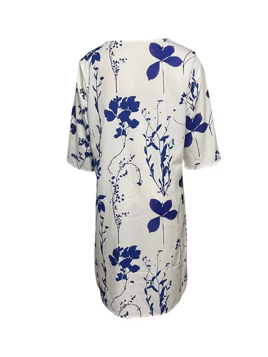 Vestido de mujer de estilo vintage para vacaciones, holgado, casual, con cuello en V y manga de tres cuartos