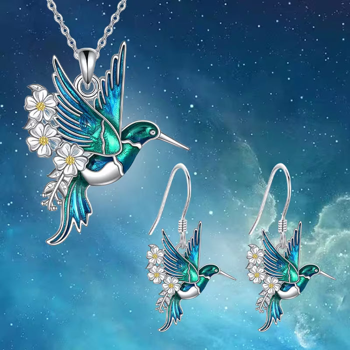 Conjunto de 3 piezas de collar y aretes de colibrí y margarita