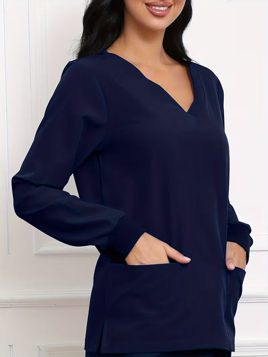 Uniforme elástico de cuello en V para mujer, con mangas largas transpirables y bolsillos