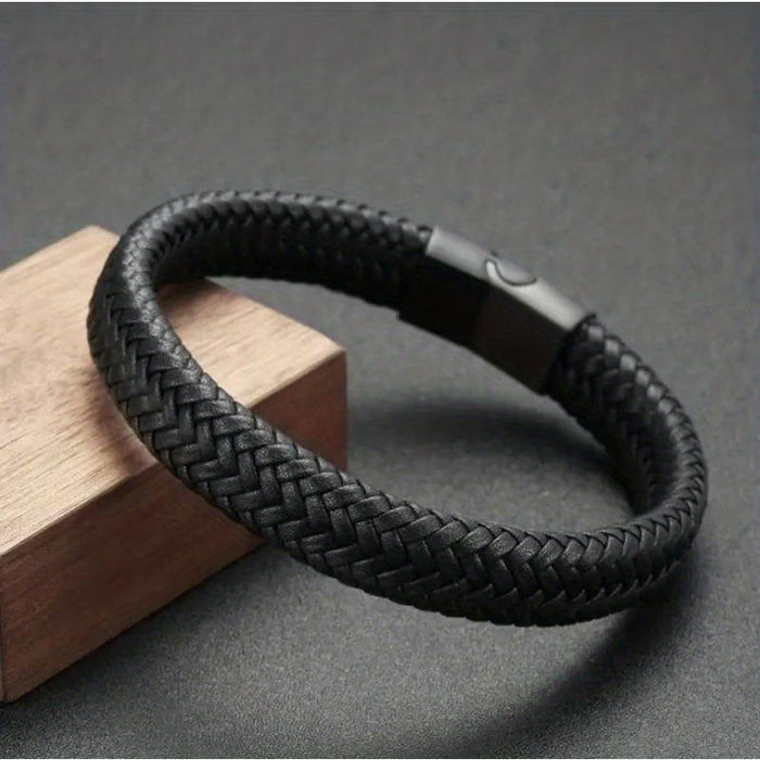 Pulsera de cuero genuino con cadena de acero inoxidable de moda, tejida de manera simple y vintage