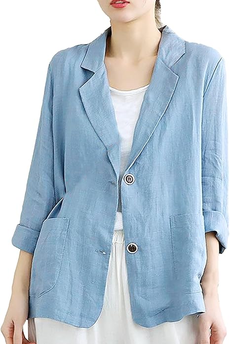 Blazer casual de lino para mujer de manga larga con bolsillos para trabajo, oficina - Quierox - Tienda Online