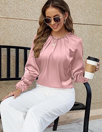 Blooming Jelly - Blusa informal de negocios para mujer, diseño plisado, manga larga - Quierox - Tienda Online