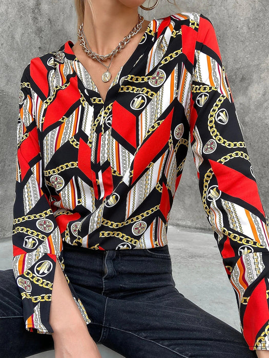 Blusa con estampado de cadena de manga con abertura - Quierox - Tienda Online