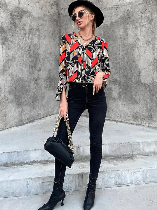 Blusa con estampado de cadena de manga con abertura - Quierox - Tienda Online