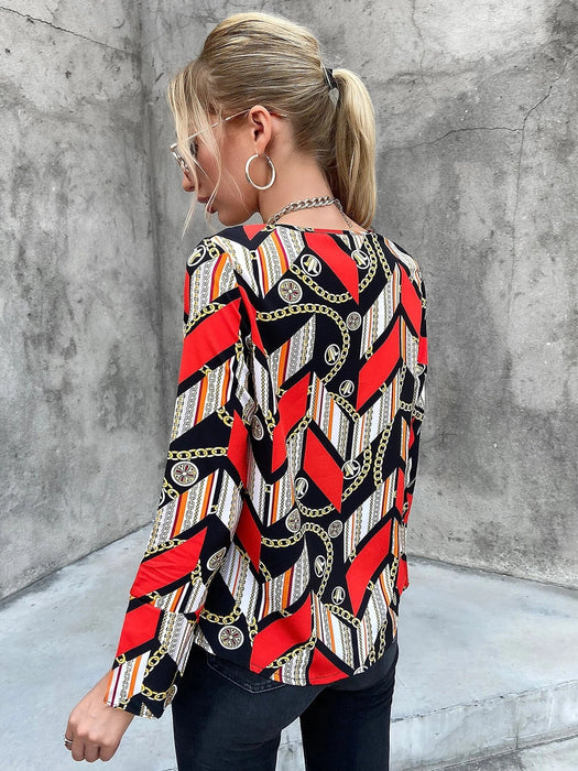 Blusa con estampado de cadena de manga con abertura - Quierox - Tienda Online