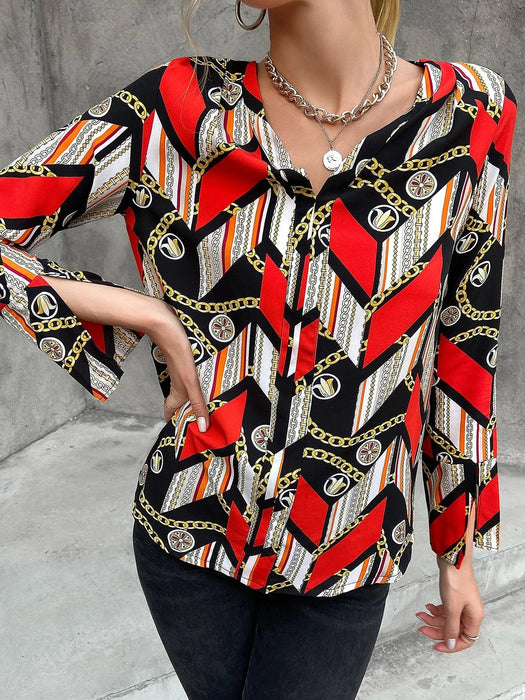 Blusa con estampado de cadena de manga con abertura - Quierox - Tienda Online