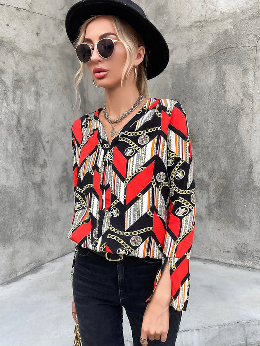 Blusa con estampado de cadena de manga con abertura - Quierox - Tienda Online