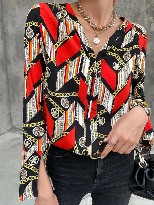 Blusa con estampado de cadena de manga con abertura - Quierox - Tienda Online