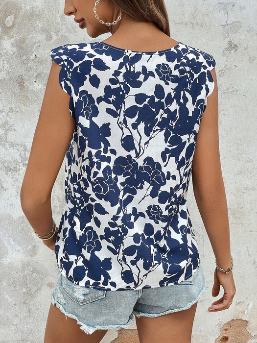 Blusa con estampado floral de cuello con abertura de ojo ribete en abanico - Quierox - Tienda Online