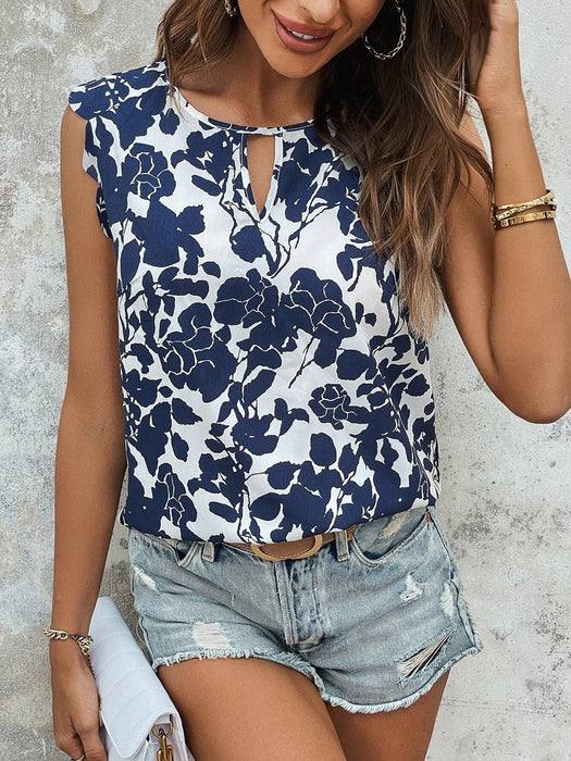 Blusa con estampado floral de cuello con abertura de ojo ribete en abanico - Quierox - Tienda Online