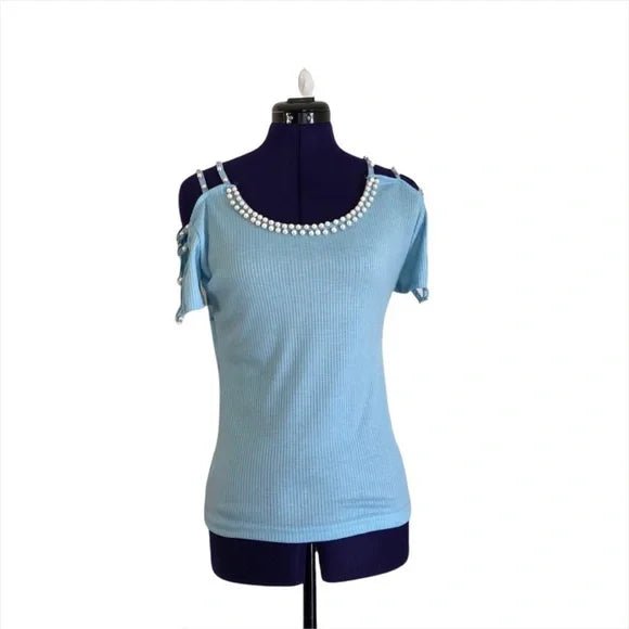 Blusa de manga corta con aberturas y adornos de cuentas de perlas - Quierox - Tienda Online