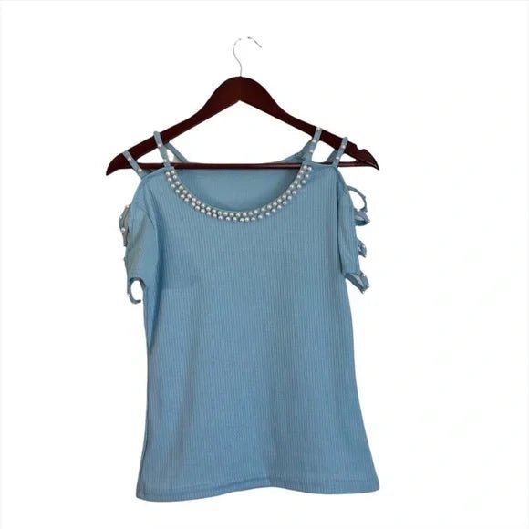 Blusa de manga corta con aberturas y adornos de cuentas de perlas - Quierox - Tienda Online