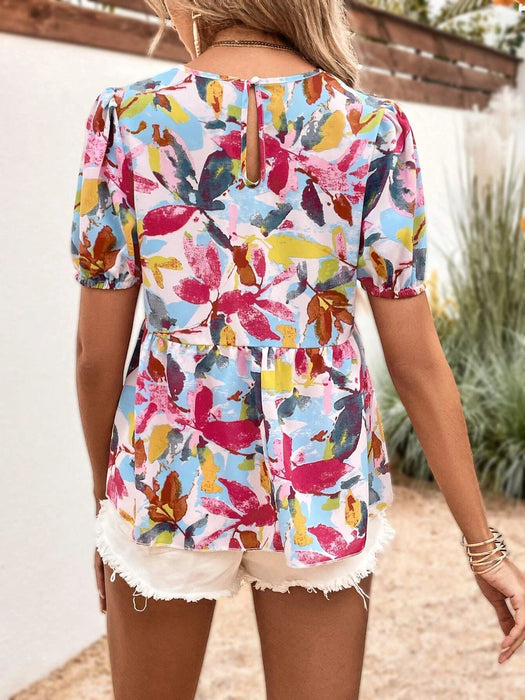 Blusa peplum con mangas abullonadas y estampado integral de SHEIN VCAY - Quierox - Tienda Online