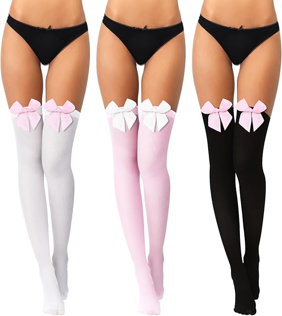 Boao 3 pares de medias hasta el muslo con lazo para mujer - Quierox - Tienda Online