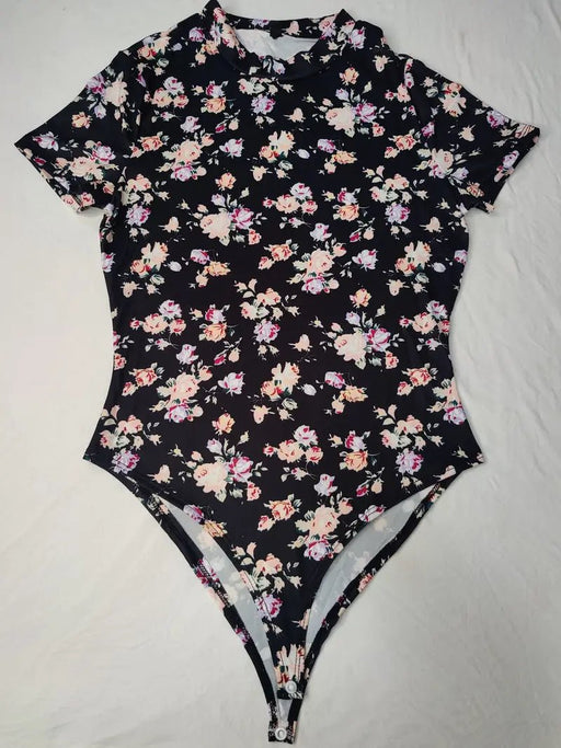 Body Con Estampado Floral De Cuello Simulado, Elegante Body De Manga Corta - Quierox - Tienda Online