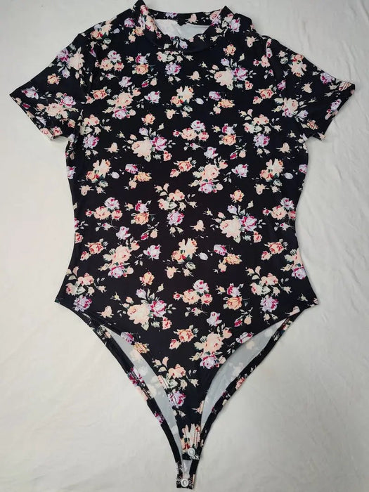 Body Con Estampado Floral De Cuello Simulado, Elegante Body De Manga Corta - Quierox - Tienda Online
