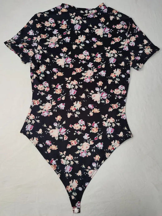 Body Con Estampado Floral De Cuello Simulado, Elegante Body De Manga Corta - Quierox - Tienda Online