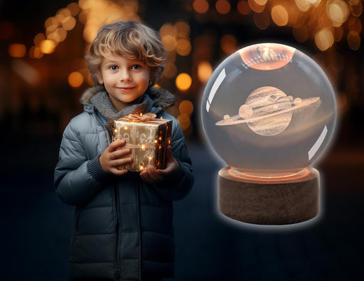 Bola de cristal Saturno 3D de con lámpara LED, base de madera, luz nocturna - Quierox - Tienda Online