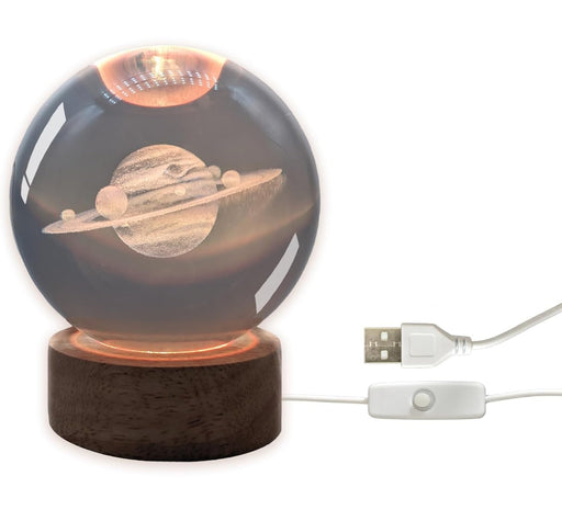 Bola de cristal Saturno 3D de con lámpara LED, base de madera, luz nocturna - Quierox - Tienda Online