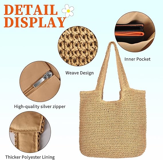 Bolsas de hombro de playa para mujer, tejido a mano de paja de ratán - Quierox - Tienda Online