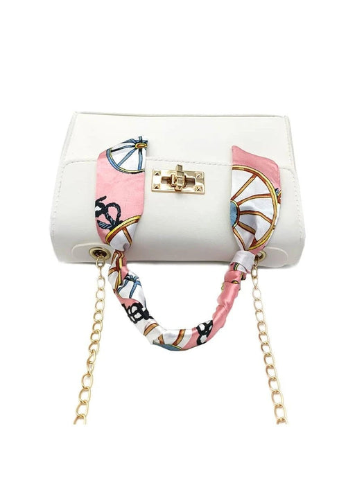 Bolso de mano con solapa y correa de cadena de metal, Mini bufanda decorada - Quierox - Tienda Online