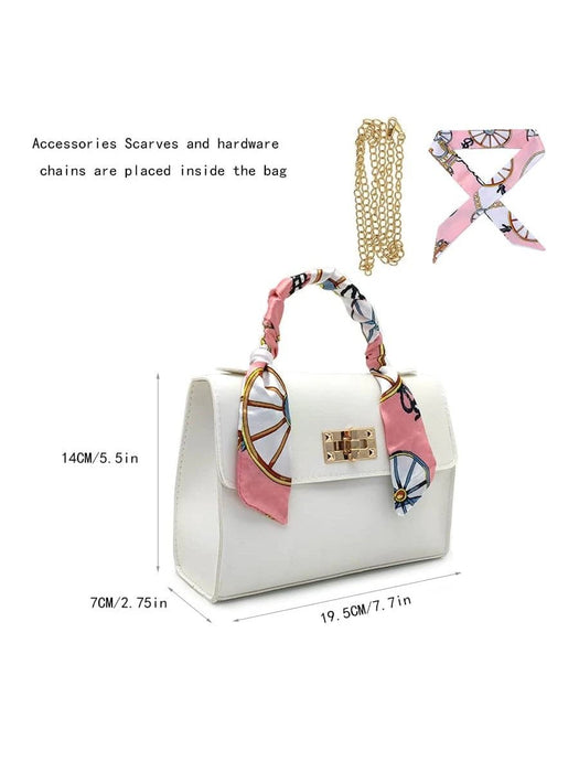 Bolso de mano con solapa y correa de cadena de metal, Mini bufanda decorada - Quierox - Tienda Online