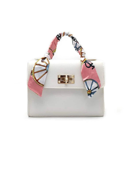 Bolso de mano con solapa y correa de cadena de metal, Mini bufanda decorada - Quierox - Tienda Online