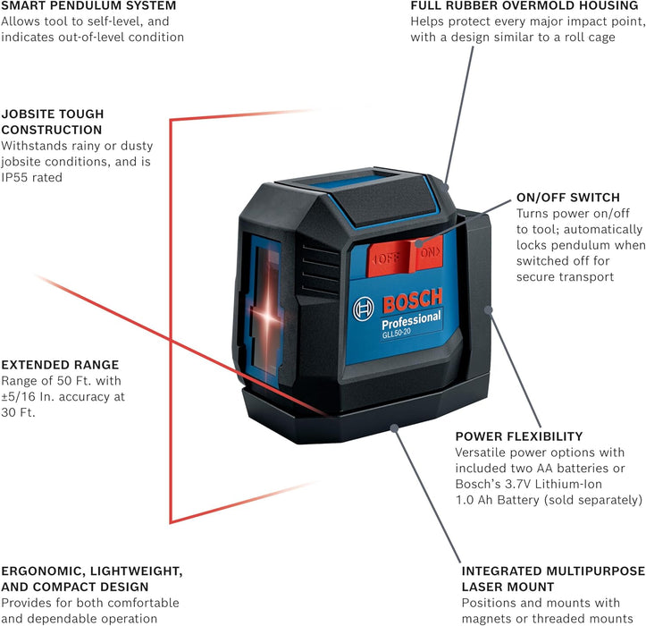 Bosch GLL50 - 20 - Láser autonivelante de línea cruzada de 50 pies, incluye soporte magnético integrado y 2 pilas AA - Quierox - Tienda Online