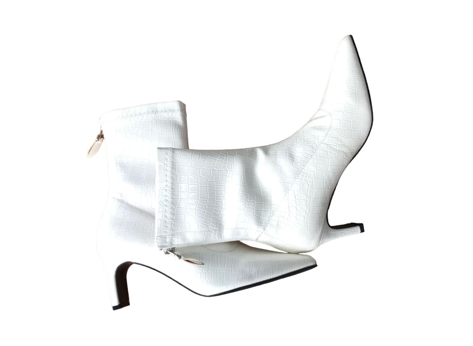 Botines de piel blanca con punta ancha y efecto cocodrilo para mujer - Quierox - Tienda Online
