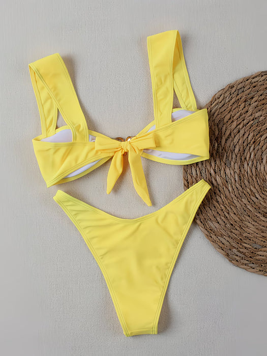 Conjunto de bikini para mujer con decoración metálica de estrella de color liso de hombros anchos