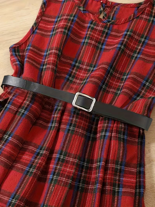 Conjunto de moda para niñas Gift Belt: cárdigan corto Ted + vestido de cuadros escoceses