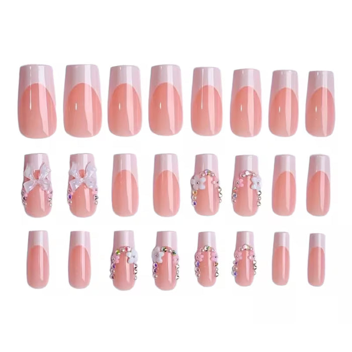 24 piezas uñas postizas de cobertura total con diseño de lazo 3D para mujer